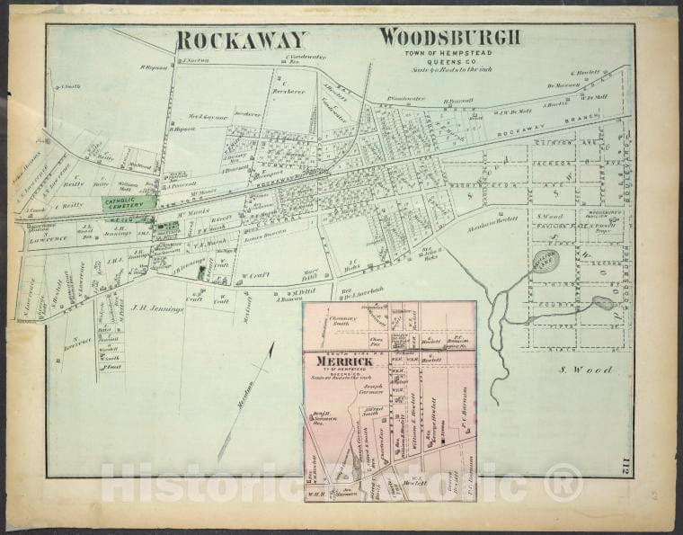 Historic 1873 Map - Rockaway Woodsburgh, Town Of Hempstead, Queens Co. - Merrick, Tn - Vintage Wall Art