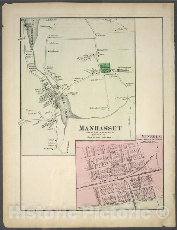 Historic 1873 Map - Manhasset, Town Of North Hempstead, Queens Co. - Mineola, Town O - Vintage Wall Art