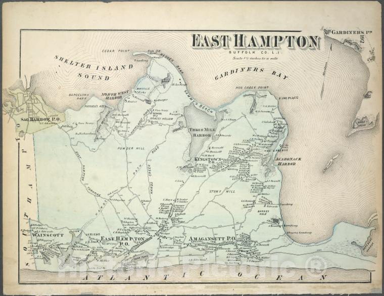 Historic Map - 1873 Long Island, New York, (N.Y.), East Hampton, Suffolk Co. L.I. - Vintage Wall Art