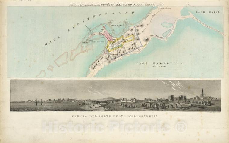 Historic 1835 Map - Planta Topografica Della Citta D'Alessandria, Nella Scala Di 1:50.000; Veduta Del Porto Nuovo D'Alessandria. - Egypt - Alexandria (Egypt) - Vintage Wall Art