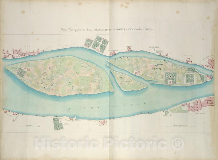 Historic 1835 Map - Pianta Topografica Di Alcune Villeggiature Ed Isole, Fra Il Cairo Vecchio E Bulaco. - Egypt - Vintage Wall Art