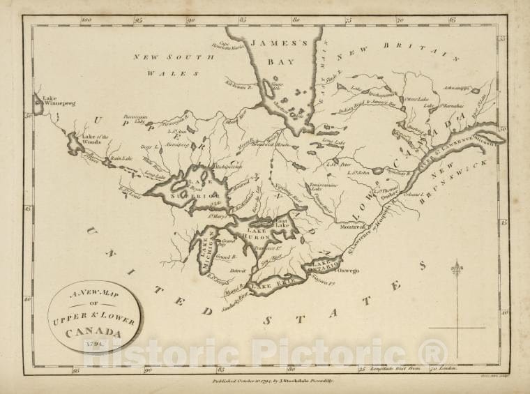 Historic 1794 Map - A New Map Of Upper And Lower Canada, 1794. - United States - Vintage Wall Art