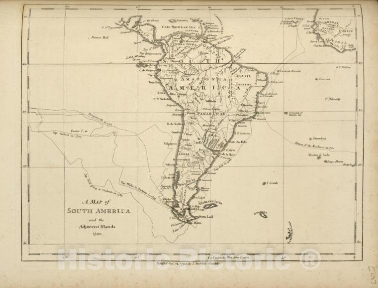 Historic 1794 Map - A Map Of South America And The Adjacent Islands, 1794. - United States - Vintage Wall Art