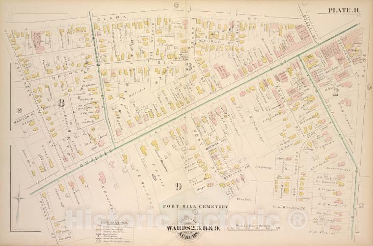 Historic 1882 Map - Parts Of The City Auburn. Wards 2.3.8& 9. - Auburn (N.Y.Atlas Of The City Of Auburn, New York. - Vintage Wall Art