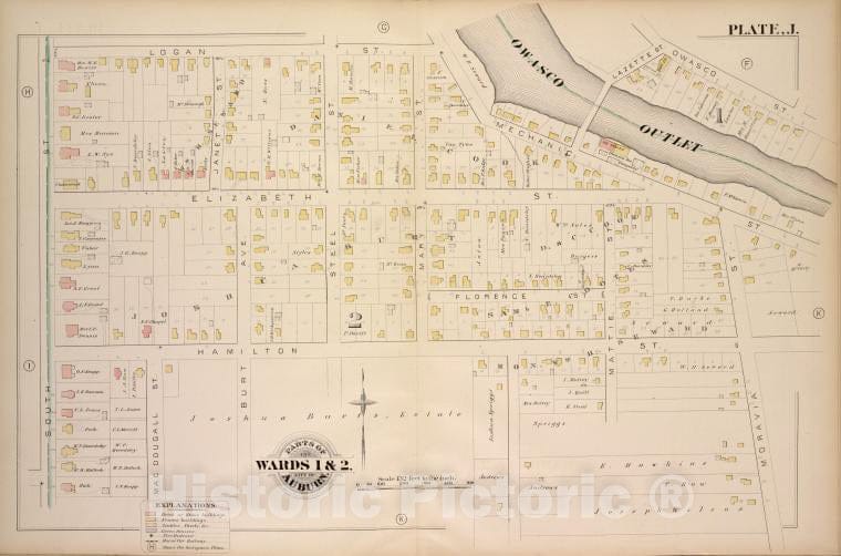 Historic 1882 Map - Parts Of The City Auburn. Wards 1& 2. - Auburn (N.Y.Atlas Of The City Of Auburn, New York. - Vintage Wall Art