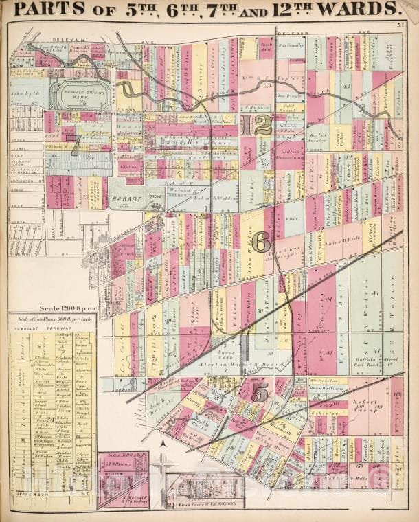 Historic 1872 Map - Parts Of 5Th, 6Th, 7Th, And 12Th Wards. - Buffalo (N.Y.Atlas Of The City Of Buffalo, Erie Co, New York - Vintage Wall Art