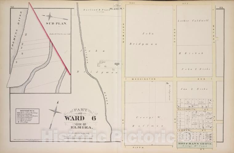 Historic 1876 Map - Part Of Ward 6 - Elmira (N.Y.City Atlas Of Elmira, New York - Vintage Wall Art, V2