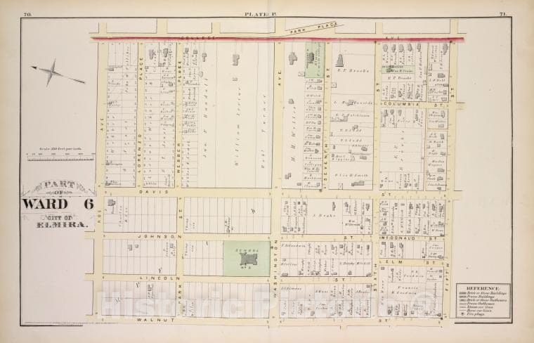 Historic 1876 Map - Part Of Ward 6 - Elmira (N.Y.City Atlas Of Elmira, New York - Vintage Wall Art, V3