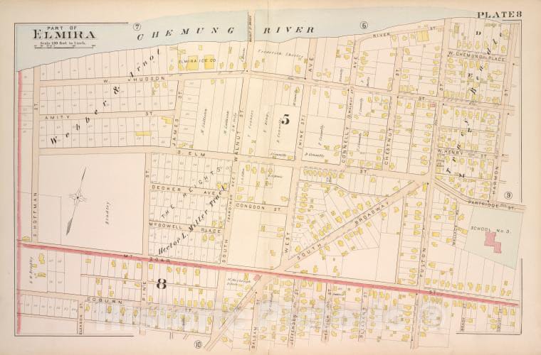 Historic 1896 Map - Part Of Elmira [Cont.] - Elmira (N.Y.Atlas Of The City Of Elmira, New York - Vintage Wall Art, V6