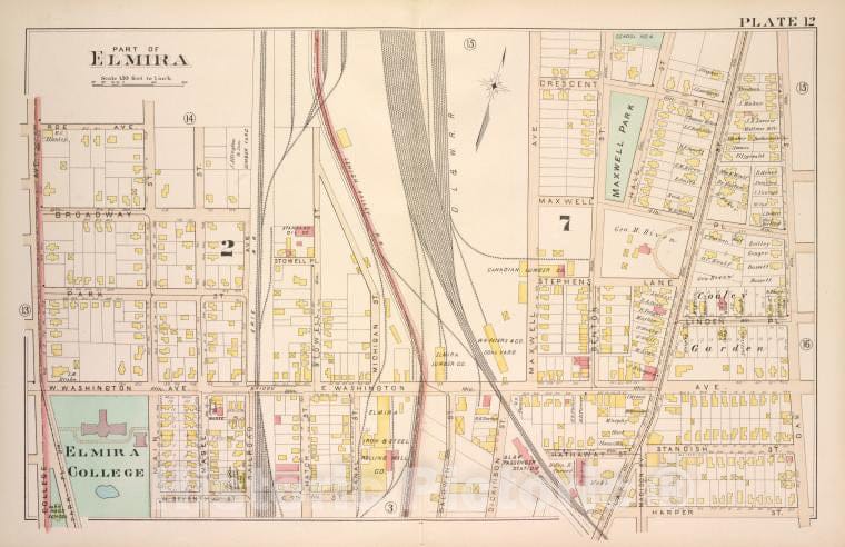 Historic 1896 Map - Part Of Elmira [Cont.] - Elmira (N.Y.Atlas Of The City Of Elmira, New York - Vintage Wall Art, V10