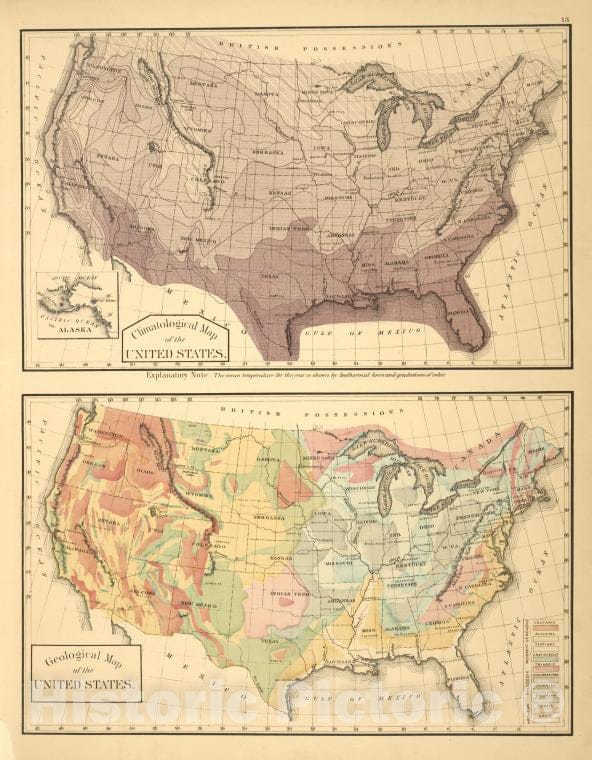 Historic 1876 Map - Climatological Map Of The United States; Geological Map Of The U - Vintage Wall Art