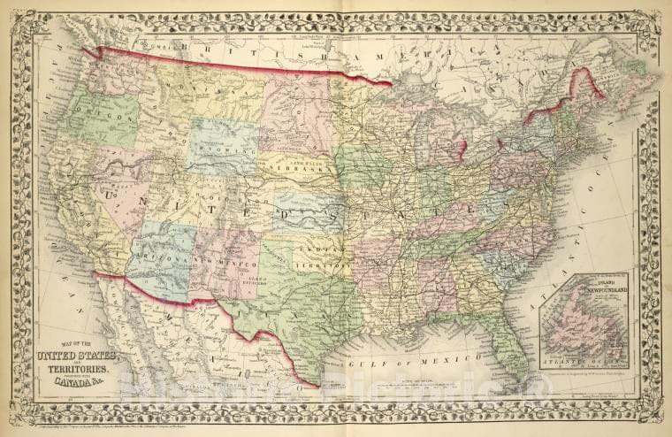 Historic 1875 Map - Map Of The United States, And Territories. Together With Canada - Vintage Wall Art