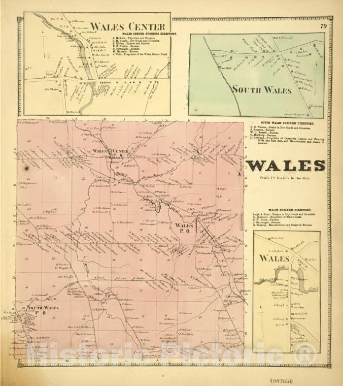 Historic 1866 Map - Wales Center [Village]; Wales Center Business Directory; South W - Vintage Wall Art