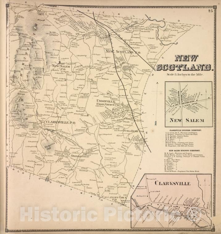 Historic 1866 Map - New Scotland. [Township]; New Salem [Village]; Clarksville Busin - Vintage Wall Art