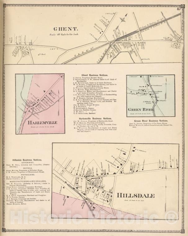 Historic Map - 1873 Columbia County, New York (N.Y.), Ghent, Harlemville - Vintage Wall Art