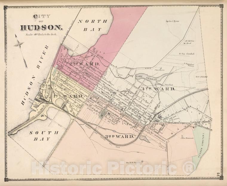 Historic 1873 Map - City Of Hudson. [Township] - Columbia County (N.Y.Atlas Of Columbia County, New York. - Vintage Wall Art