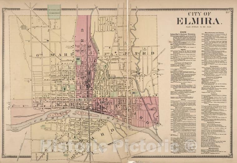 Historic Map - 1869 Chemung County, New York (N.Y.), City Of Elmira; Elmira Subscriber'S Business Directory. - Vintage Wall Art