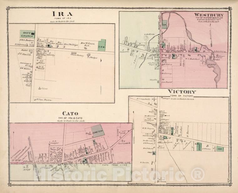 Historic Map - Ira [Village]; Cato [Village]; Westbury [Village]; Victory [Village] - Atlases Of The United States - County Atlas Of Cayuga, New York. - Vintage Wall Art