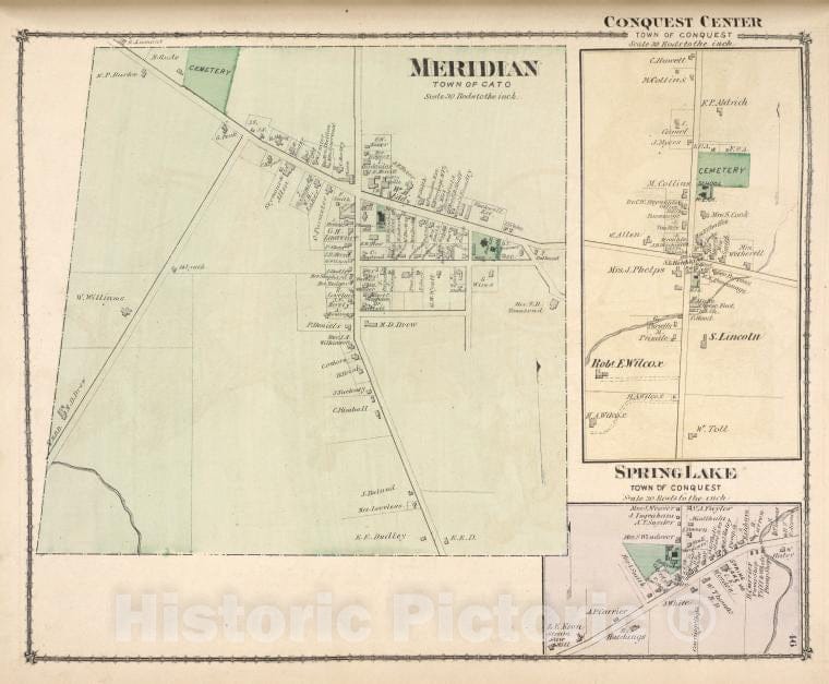 Historic Map - Meridian [Village]; Conquest Centre [Village]; Spring Lake [Village] - Atlases Of The United States - County Atlas Of Cayuga, New York. - Vintage Wall Art