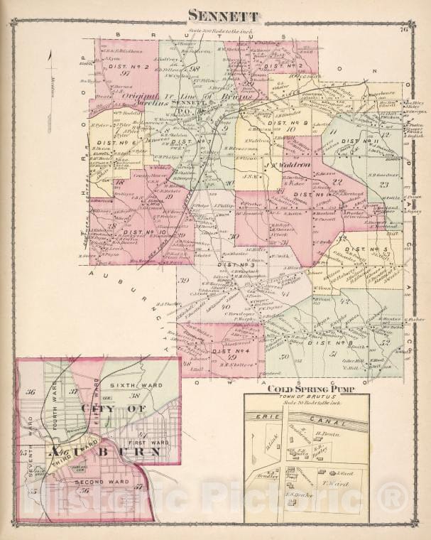 Historic Map - Sennett [Township]; City Of Auburn; Cold Spring Pump [Village] - Atlases Of The United States - County Atlas Of Cayuga, New York. - Vintage Wall Art