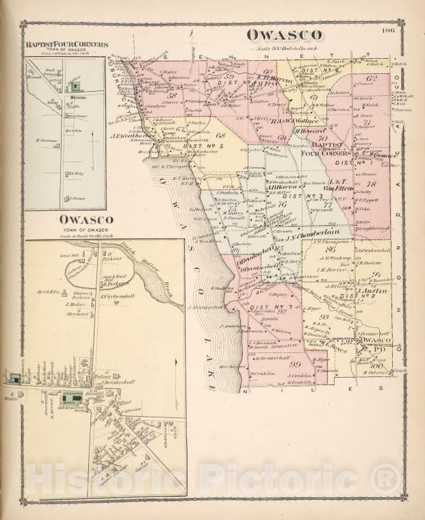 Historic Map - Baptist Four Corners [Village]; Owasco [Township]; Owasco [Village] - Atlases Of The United States - County Atlas Of Cayuga, New York. - Vintage Wall Art