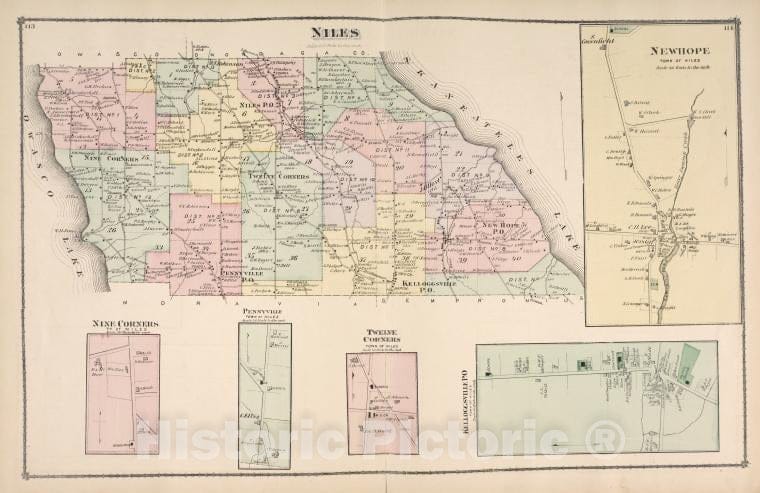 Historic Map - Niles [Township]; Newhope [Village]; Nine Corners [Village]; Pen - Atlases Of The United States - County Atlas Of Cayuga, New York. - Vintage Wall Art