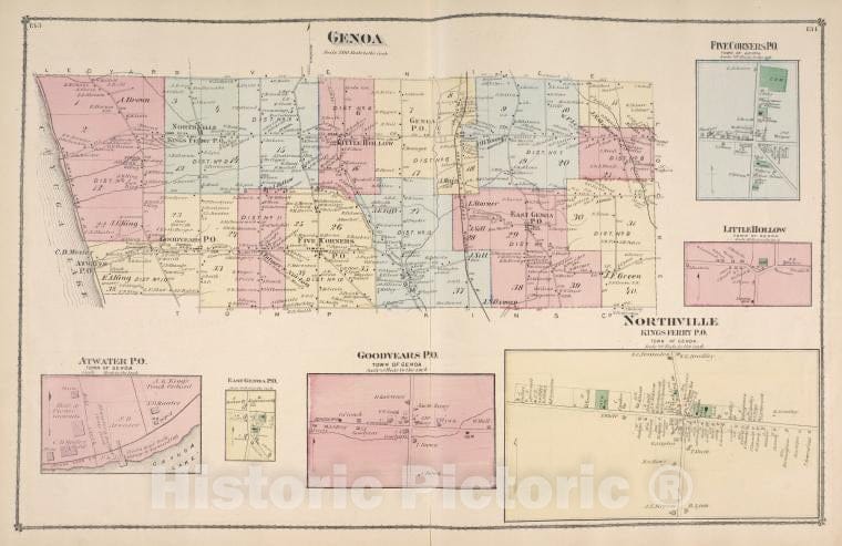 Historic Map - Genoa [Township]; Five Corners P.O. [Village]; Little Hollow [Vi - Atlases Of The United States - County Atlas Of Cayuga, New York. - Vintage Wall Art