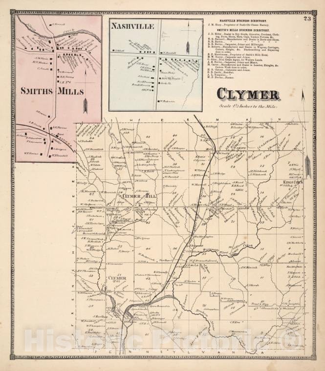 Historic 1867 Map - Smith Mills [Village]; Nashville [Village]; Nashville Business D - Vintage Wall Art