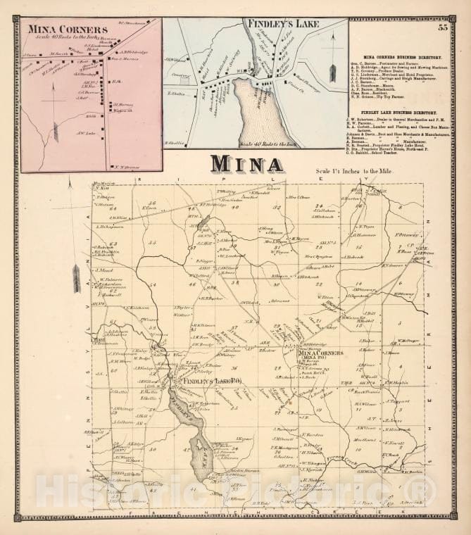 Historic 1867 Map - Mina Corners [Village]; Findleys Lake [Village]; Mina Corners Bu - Vintage Wall Art