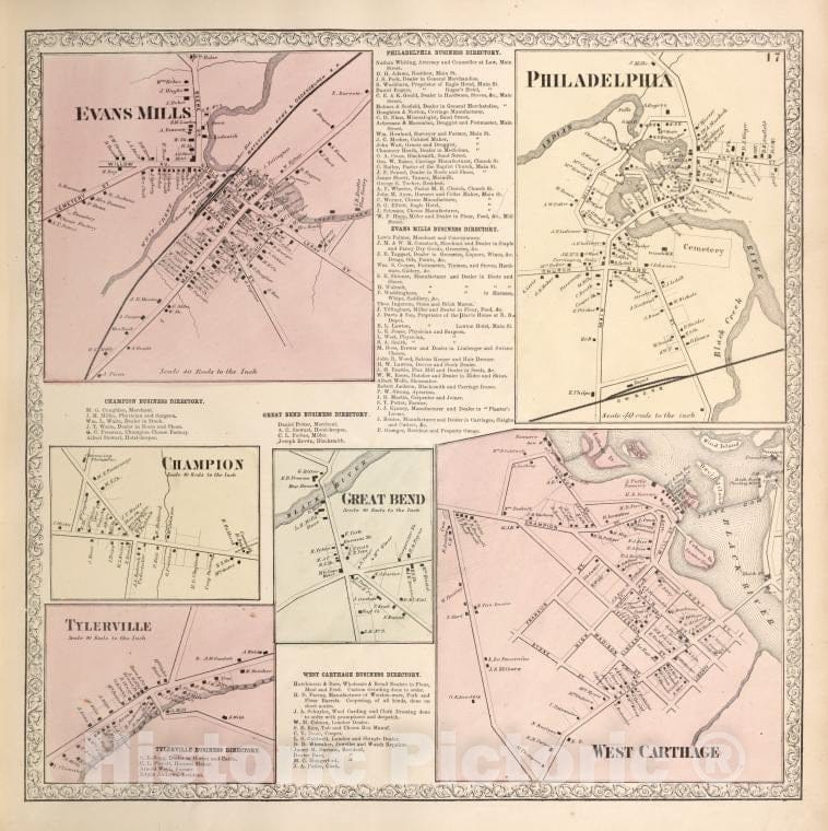 Historic 1864 Map - Evans Mills [Village]; Philadelphia Business Directory; Evans - Vintage Wall Art