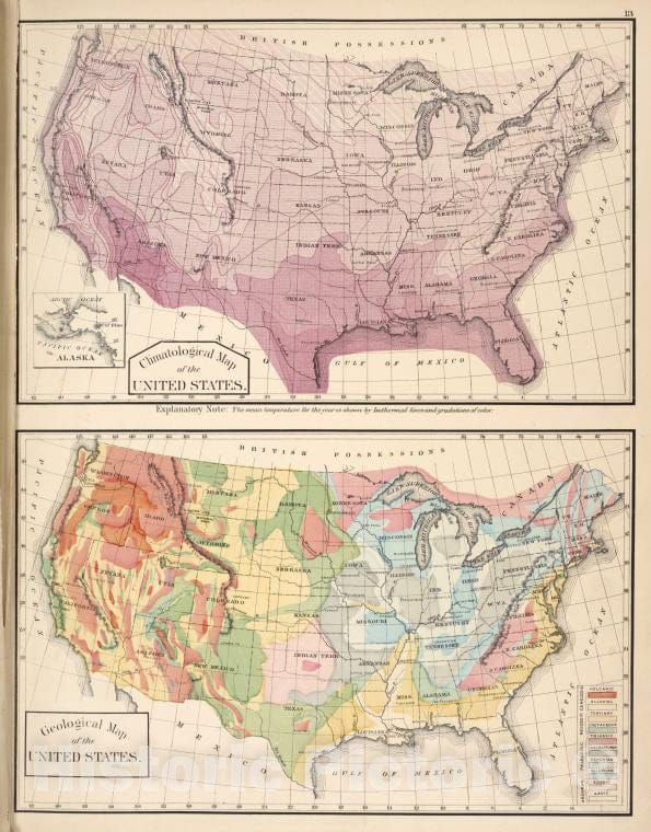 Historic 1876 Map - Climatological Map Of The United States; Geological Map Of The - Vintage Wall Art