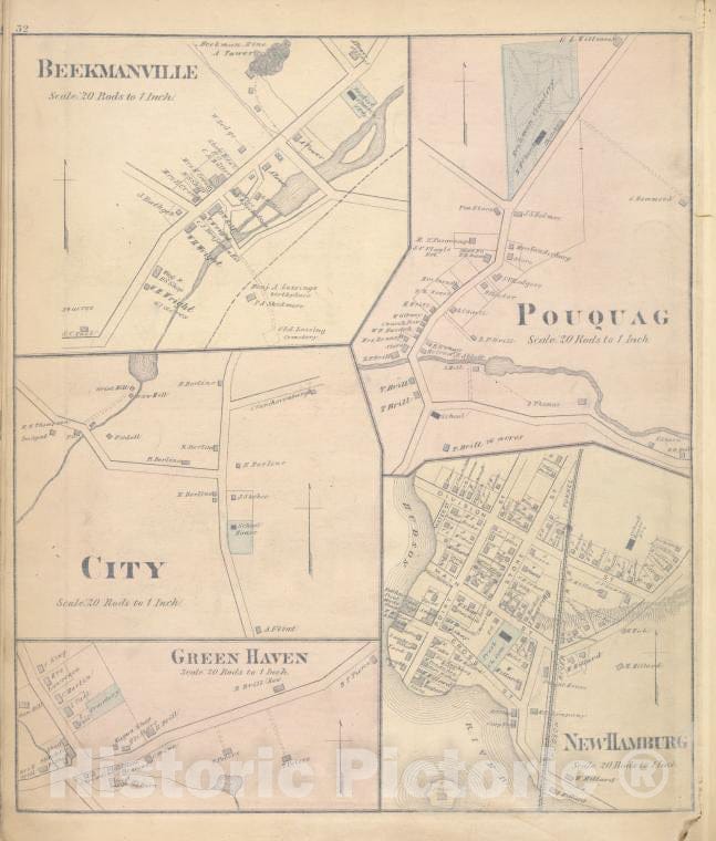 Historic Map - 1876 Dutchess County, New York (N.Y.), Beekmanville [Vilage]; City; Green Haven; Pouquag; New Hamburg - Vintage Wall Art