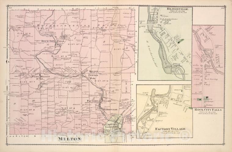 Historic Map - 1876 New York (N.Y.), Milton [Township]; Bloodville [Village]; Factory Village [Village]; Rock City Falls [Village] - Vintage Wall Art