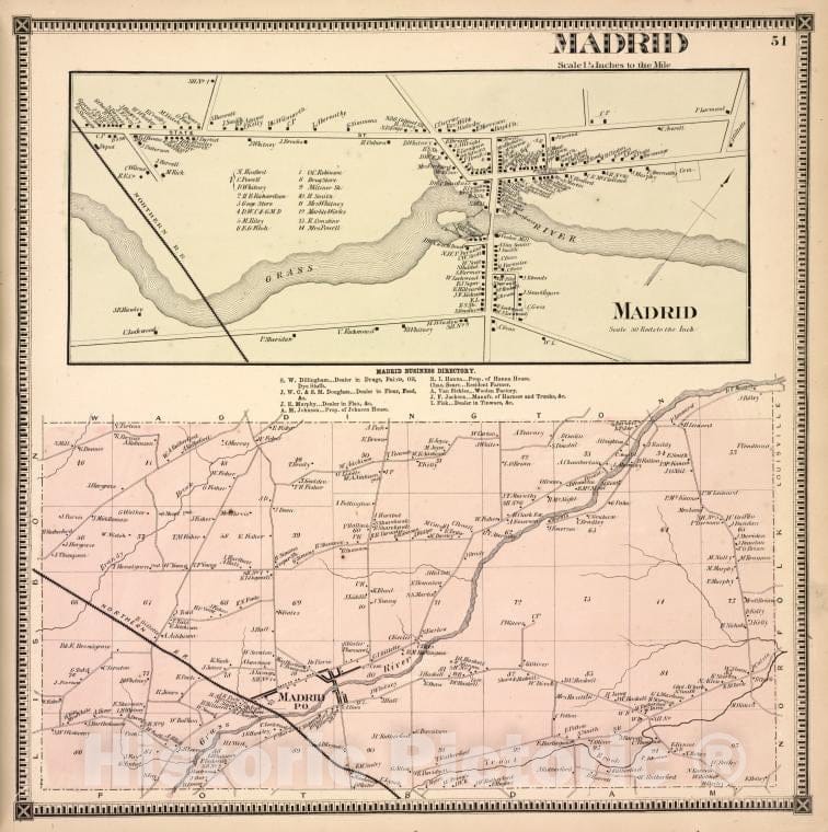 Historic 1865 Map - Madrid [Township]; Madrid [Village]; Madrid Business Directory. - Vintage Wall Art