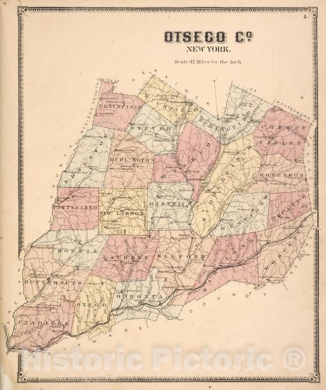 Historic 1868 Map - Otsego Co. New York. - Otsego County (N.Y.) - New York (State) - Otsego County Atlases Of The United States - Atlas Of Otsego Co, New York - Vintage Wall Art