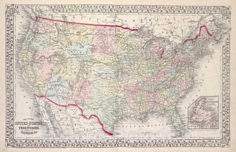 Historic 1874 Map - Map Of The United States, And Territories. Together With Canada - Vintage Wall Art