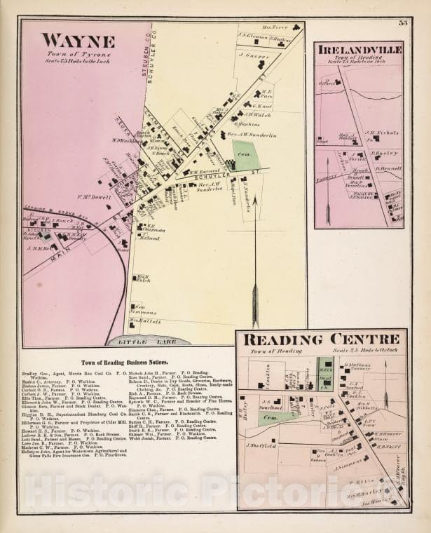 Historic 1874 Map - Wayne [Village]; Irelandville [Village]; Town Of Reading Busines - Vintage Wall Art