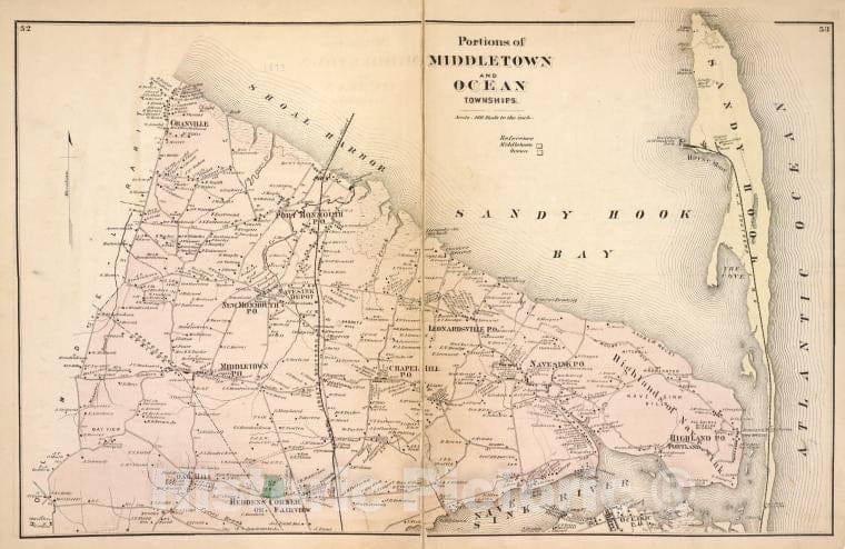 Historic Map - 1873 Monmouth Couty, New Jersey, (N.J.), Portions Of Middletown And Ocean Townships. [Townships] - Vintage Wall Art