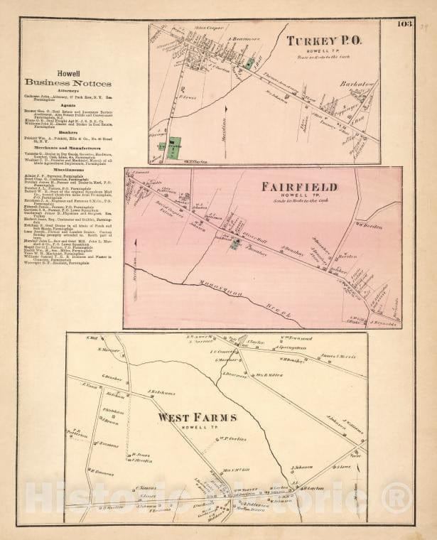 Historic 1873 Map - Howell Business Notices; Turkey P.O. [Village]; Fairfield [Vil - Vintage Wall Art