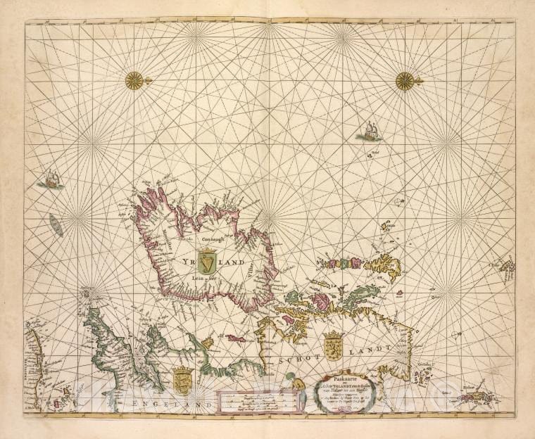 Historic 1672 Map - Paskaarte Om Achter Yrlandt Om Te Zeylen, Van Hitlandt Tot Aen Heyssat. - Atlantic Ocean - Ireland - De Zee-Atlas Ofte Water-Wereld - Vintage Wall Art