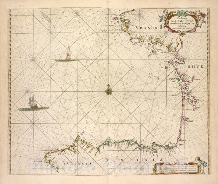 Historic Map - 1672 Biscay, Bay Of (France And Spain), Paskaerte Van De Bocht Van Vranckrijck, Biscajen En Galissen Tusschen Heysant En C. De Finisterre - Vintage Wall Art