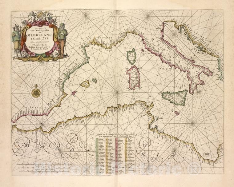 Historic 1672 Map - Paskaerte Van'T Westelijckste Der Middelandsche Zee. - Mediterranean Sea - De Zee-Atlas Ofte Water-Wereld - Vintage Wall Art