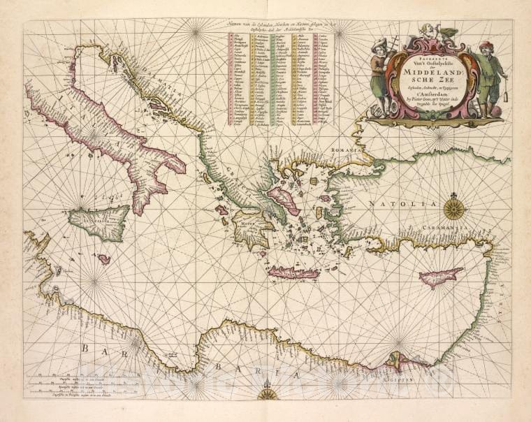 Historic 1672 Map - Paskaerte Van'T Oostelijckste Der Middelandsche Zee. - Mediterranean Sea - De Zee-Atlas Ofte Water-Wereld - Vintage Wall Art