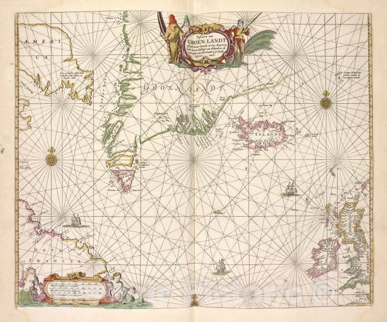 Historic Map - 1672 Greenland, Pascaerte Van Groen-Landt,Yslandt, Straet Davids En Ian Mayen Eylandt Hoemen De Selvige Van Hitlandt En De Noortcusten - Vintage Wall Art