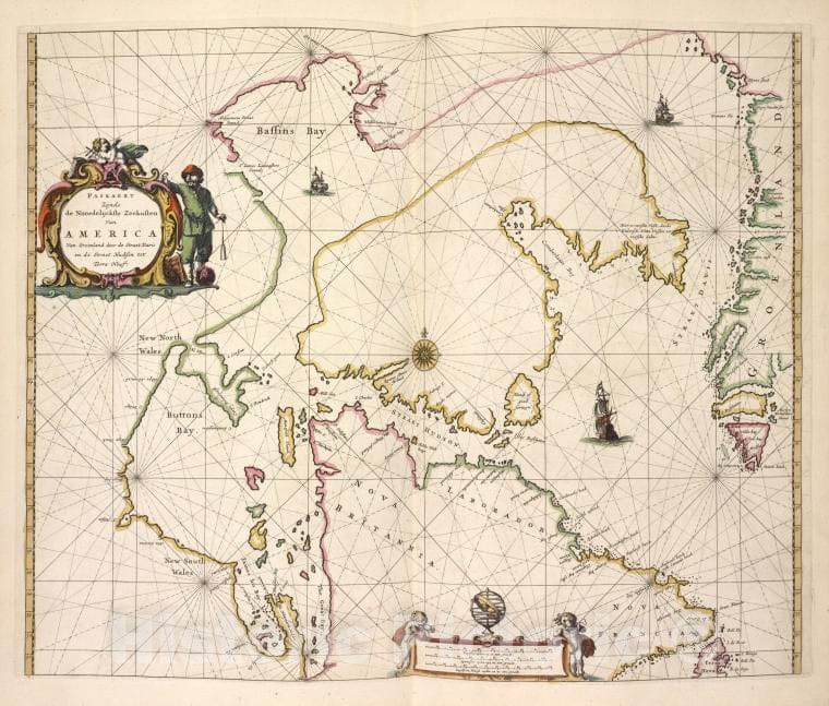 Historic Map - 1672 Canada, Greenland, Baffin Bay, Paskaert Zijde De Noordelickste Zeekusten Van America Van Groenlandt Door De Raet Davis - Vintage Wall Art