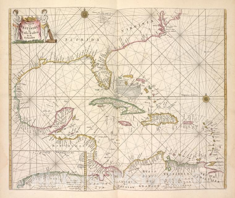 Historic 1672 Map - Pascaerte Van Westindien, De Vaste Kusten En De Eylanden. - Caribbean Area - De Zee-Atlas Ofte Water-Wereld - Vintage Wall Art