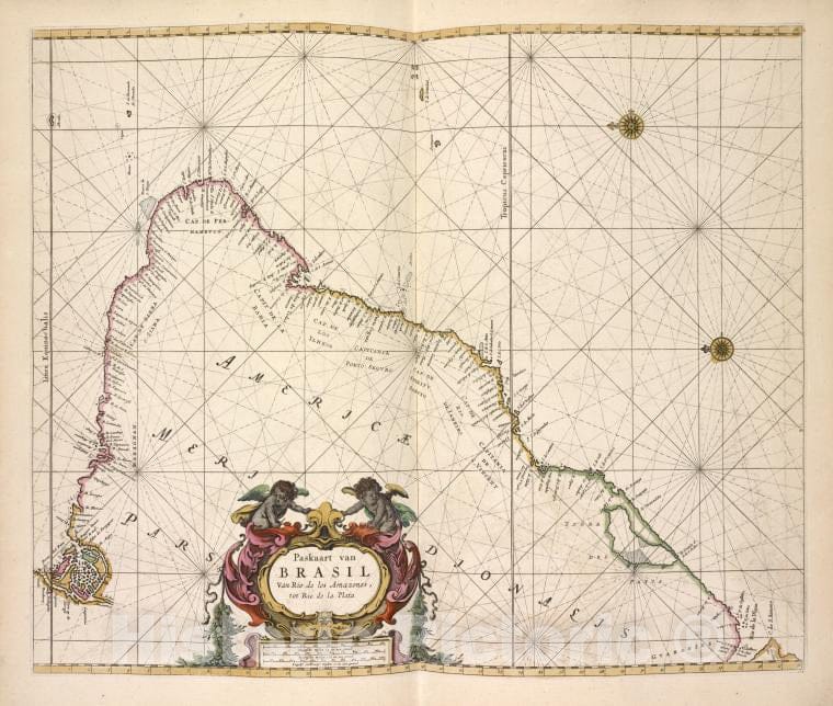 Historic 1672 Map - Paskaart Van Brazil Van Rio De Los Amazones Tot Rio De La Plata. - Brazil - Atlantic Ocean - De Zee-Atlas Ofte Water-Wereld - Vintage Wall Art