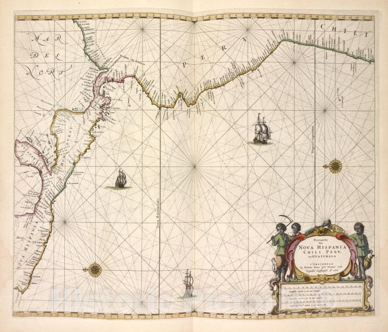 Historic 1672 Map - Pascaerte Van Nova Hispania, Chili, Peru, En Gvatimala. - South America - Central America - Pacific Ocean - De Zee-Atlas Ofte Water-Wereld - Vintage Wall Art