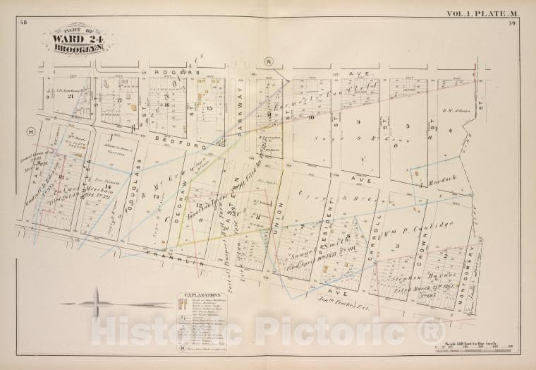 Historic Map - 1880 Brooklyn (New York, N.Y.), Roges Ave, City Line, Franklin Ave, Park Pl; ] - Vintage Wall Art