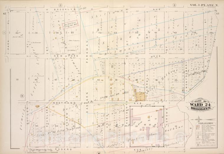 Historic Map - 1880 Brooklyn Ave, City Line, Rogers Ave, Butler St Park Pl; New York Ave, Nostrand Ave, Douglass St Degraw St Eastern Parkway, Union St Presi - Vintage Wall Art